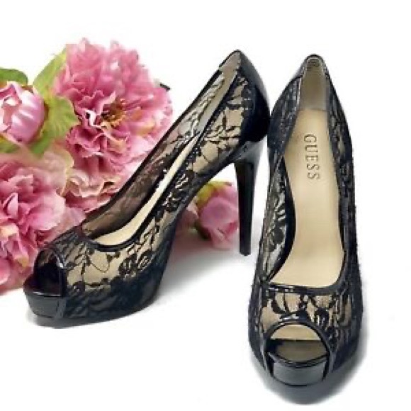 Guess Shoes - GUESS High Heels Black Lace Patent Platforms
